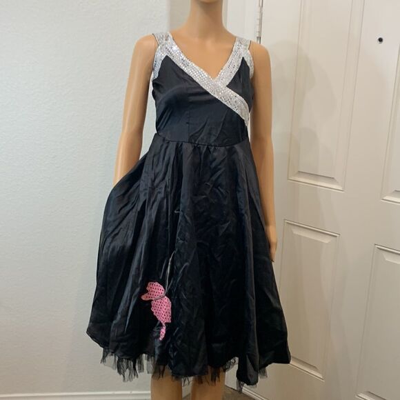 Pink Poodle Skirt V Neck Dress Size Small Silver Sequin Leash 💯% Polyester - Picture 2 of 8